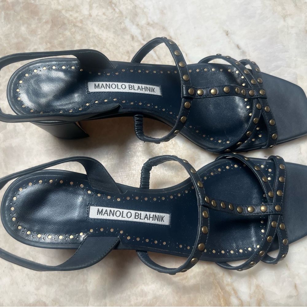 Manolo Blahnik Dark Blue Studded Heels. Size 38